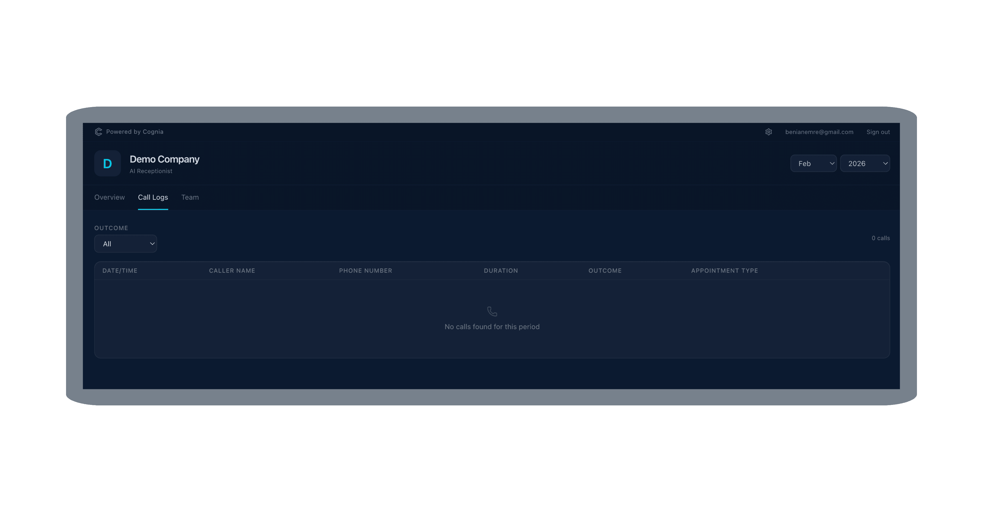 Dashboard Call Logs view