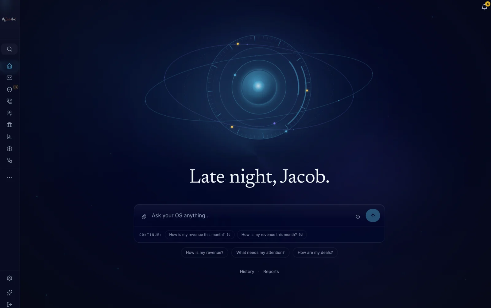 Benian OS Home: an orbital over a dark field, a greeting, and one bar that answers anything about the business.
